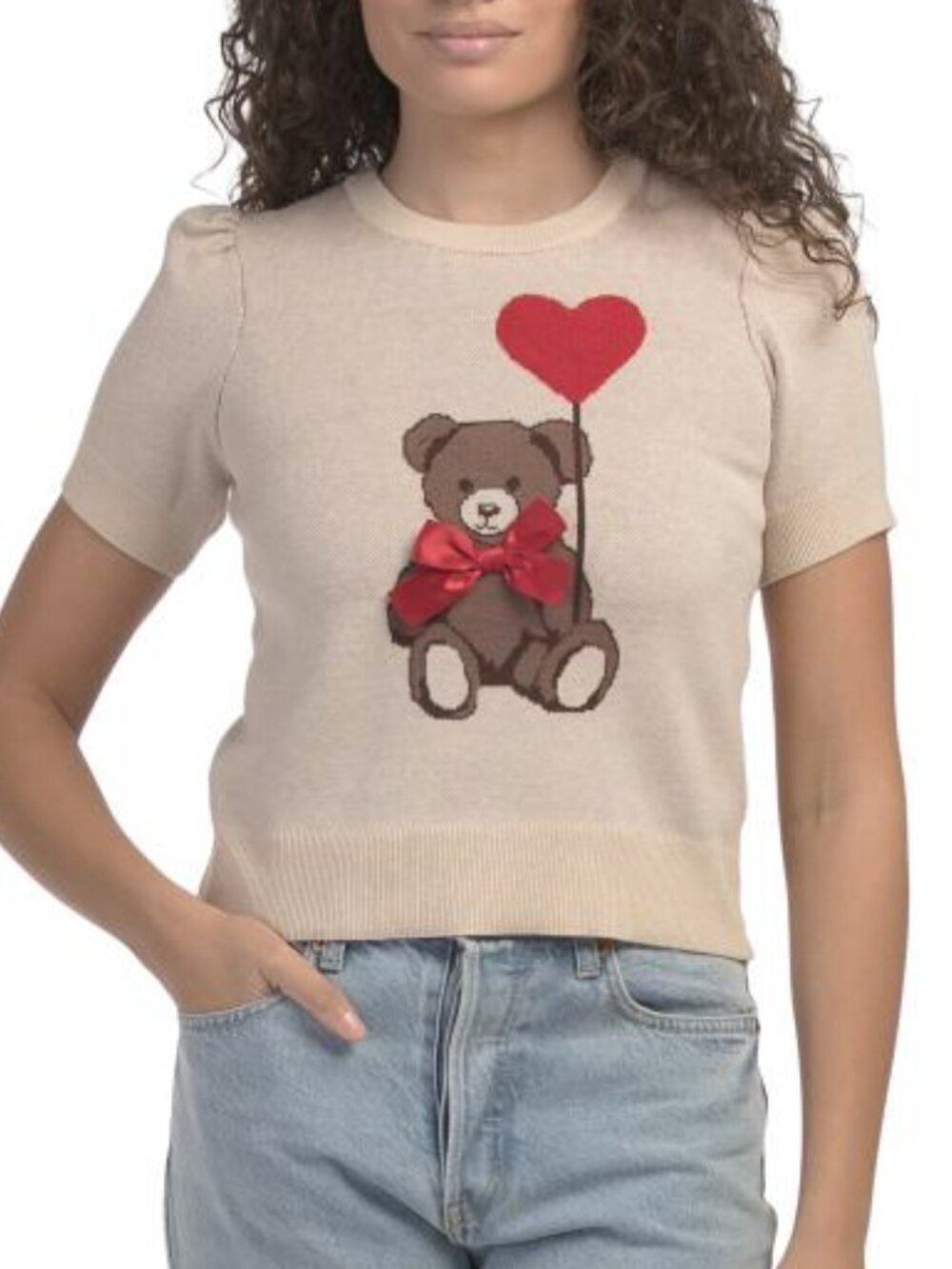 Beige Knit Tee with Teddy Bear & Red Heart - M